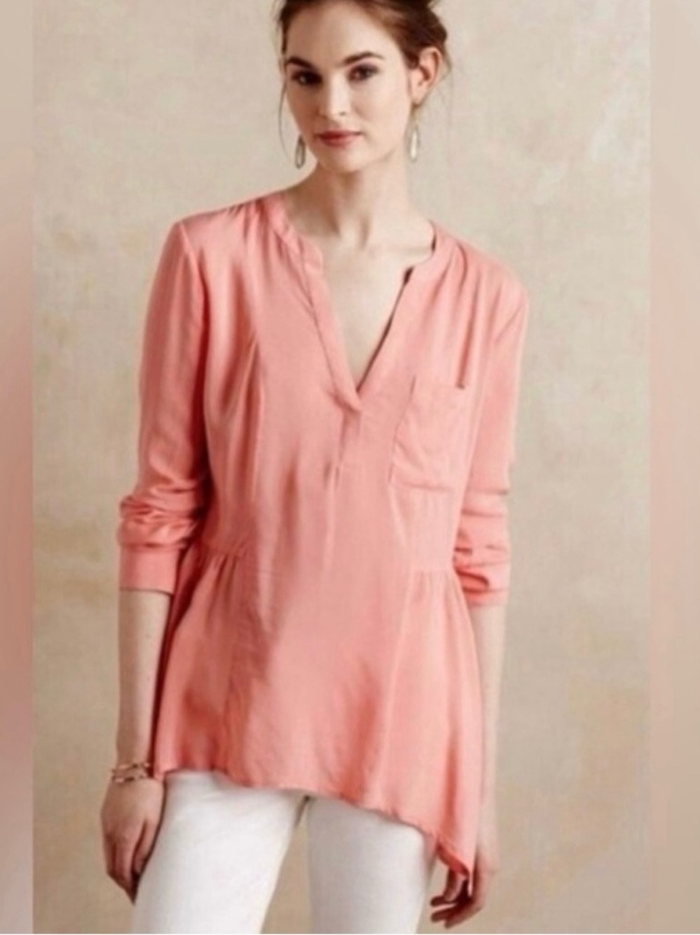 Maeve Anthropologie Shirt Women’s Size 4 Henley Laiken Peach Blouse Lightweight